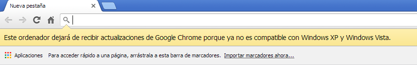 Aviso de no compatilidad con Windows XP de Chrome en navegador