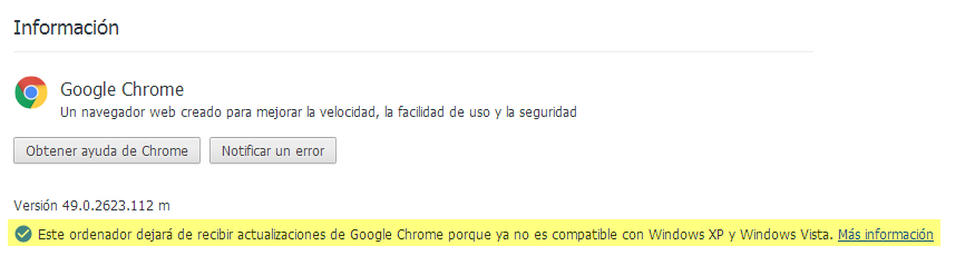 Aviso de no compatilidad con Windows XP de Chrome en propiedades