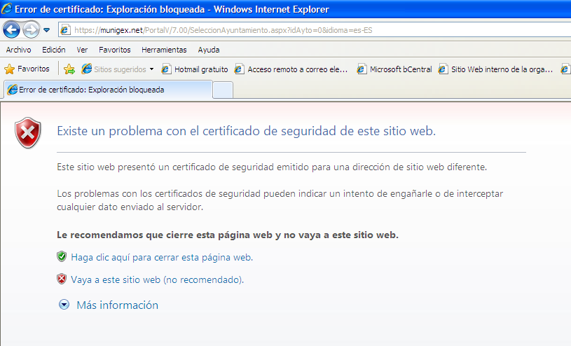 Navegador mostrando error de no reconocimiento de certificados de seguridad