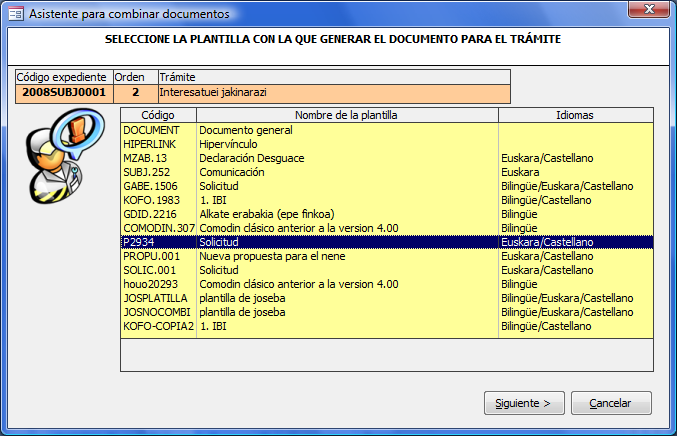 Pantalla del primer paso del asistente de combinación de documentos: seleccionar plantilla