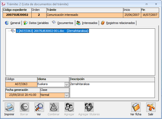 Datos del documento generado en el listado de documentos del trámite