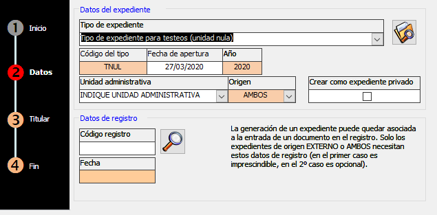 Primera pantalla del asistente de creación de nuevos expedientes