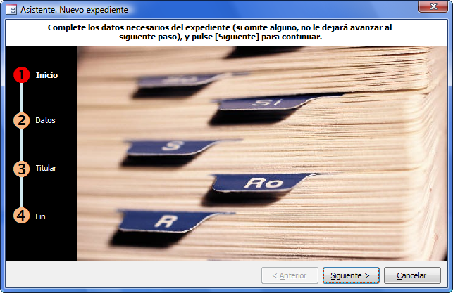 Primera pantalla del asistente de creación de nuevos expedientes