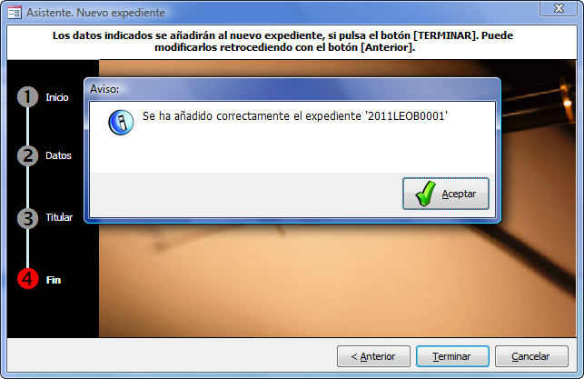 Pantalla del paso cuatro del asistente de nuevo expediente. En este paso se da por finalizado el proceso y creado el expediente.