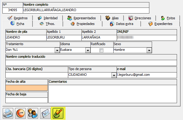 Acceso a los datos de filiación desde la ficha