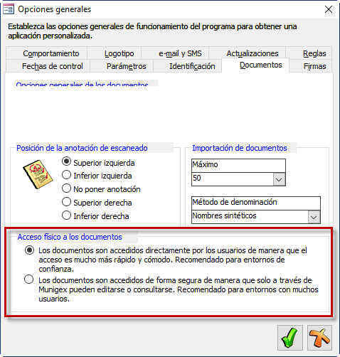 Opciones de modo de acceso a documentos