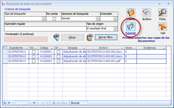 Ventana de búsqueda de documentos por contenido