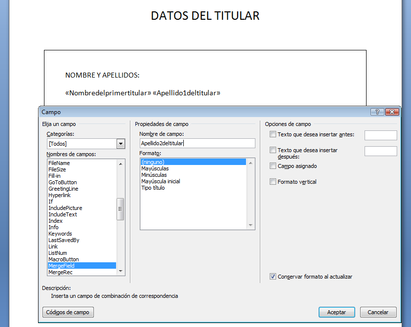 Insertar campos en un documento de Word