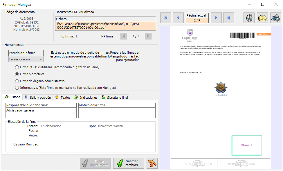 El firmador de documentos en modo edición