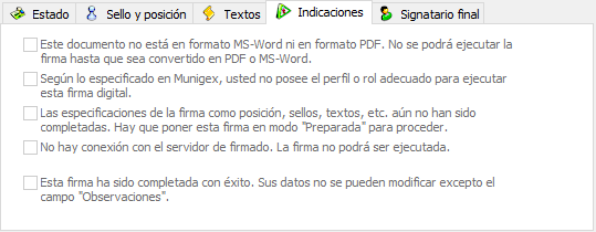 Indicación de las causas que impiden realizar la tarea de firmado