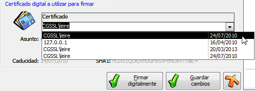 Seleccionar el certificado digital para proceder con la firma