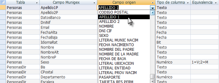 Seleccionar la columna equivalente