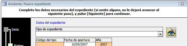 Pantalla de Inicio de Nuevo Expediente donde solicita el tipo de expediente en el que se va a basar