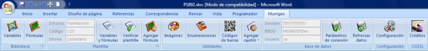 Complemento Munigex en la cinta de opciones de MS-Word