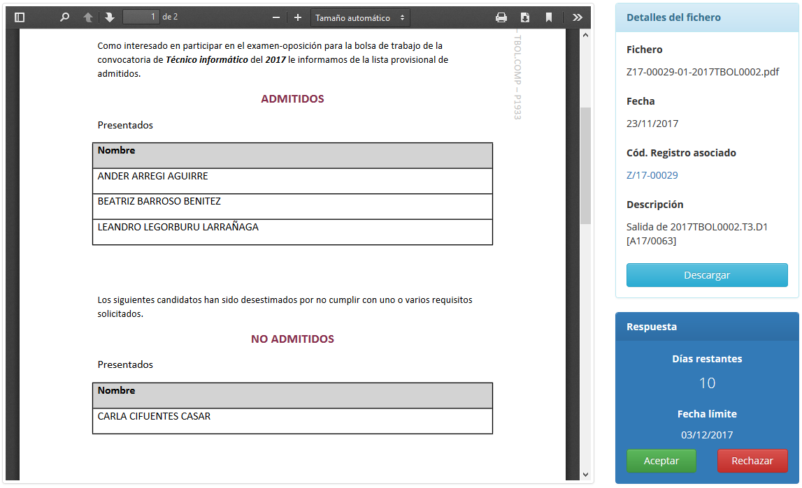 Pantalla de aceptación o rechazo del documento notificado sin recibo aparte