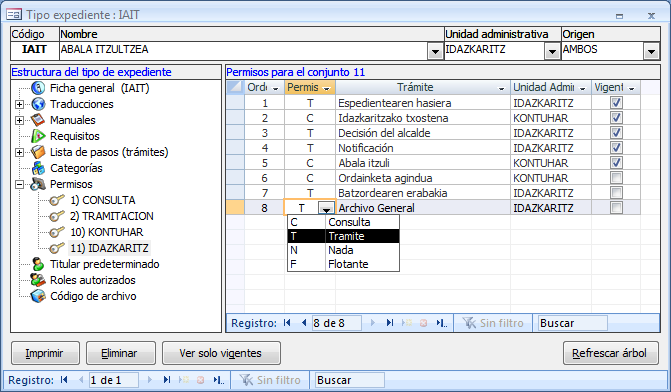 Modificando los permisos por cada trámite