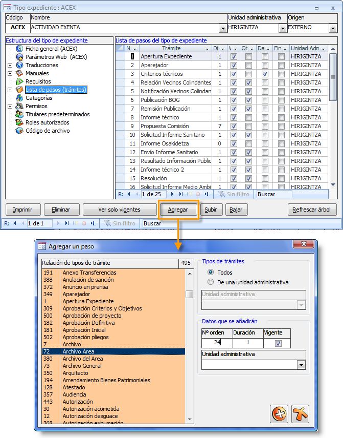 Agregar los diferentes pasos a la lista de trámites