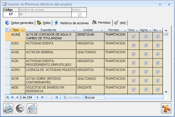 Listado de tipos de expedientes a los que tiene acceso el usuario y el conjunto de permisos sobre ellos