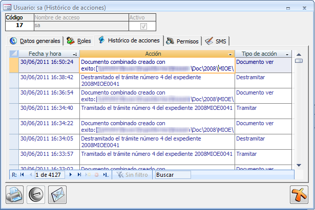 Histórico de acciones del usuario