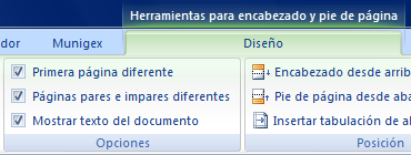 Opciones de encabezado y pie de página