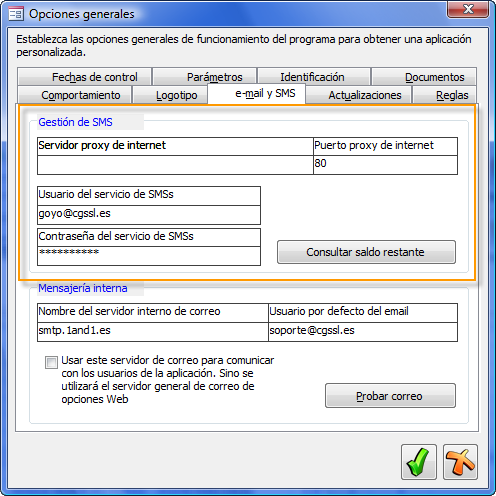 Opciones de configuración del servicio de mensajería