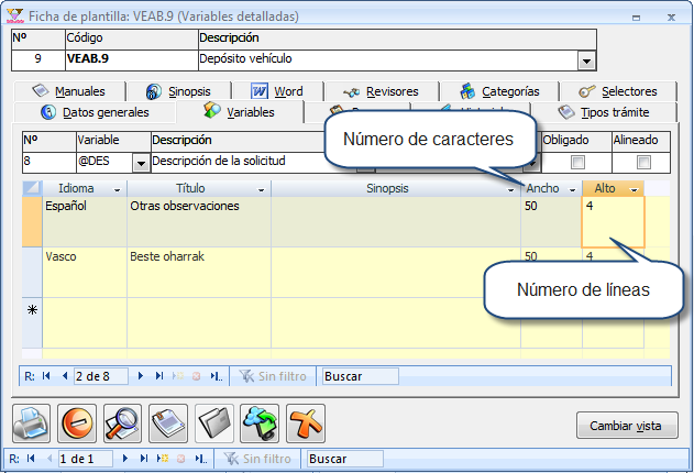 Especificar altura y anchura de un cuadro de texto para la variable