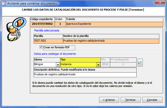 Combinación con plantilla que actúa como solicitud