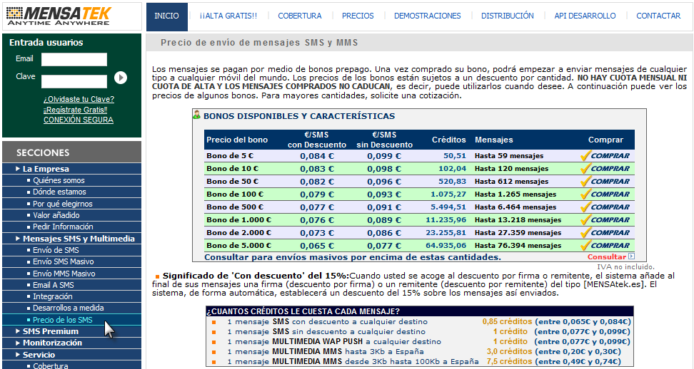 Contratatación de servicio SMS