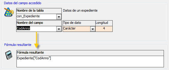 Fórmula resultante al seleccionar el campo de una tabla