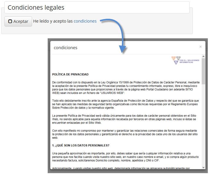 Ventana emergente con el texto de las condiciones en la web