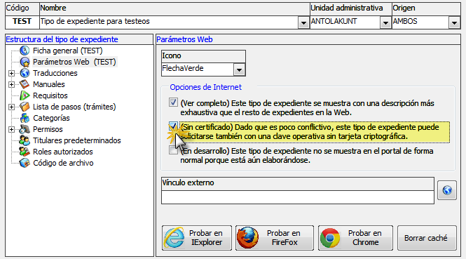 Especificar tramitación sin certificados