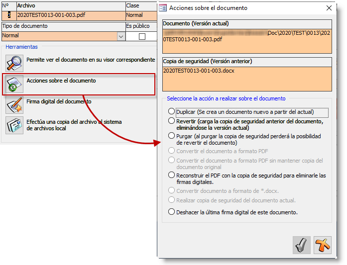 Botón de acceso a las posibles acciones a realizar sobre el documento actual