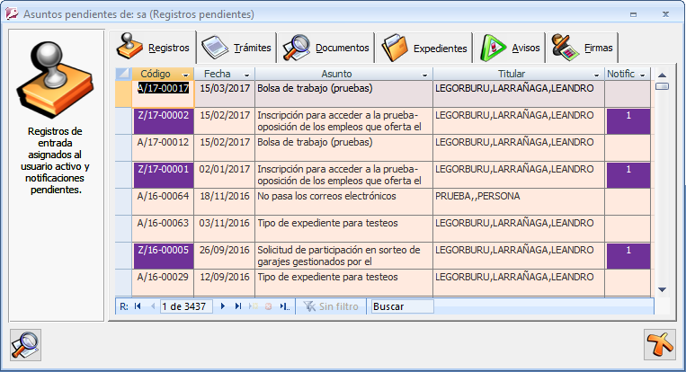 panel de asuntos pendientes, sección registros