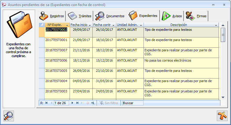 panel de asuntos pendientes, sección expedientes