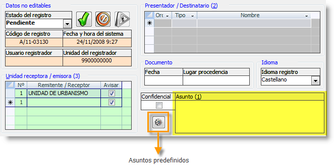 Sección para agregar el asunto al registro.