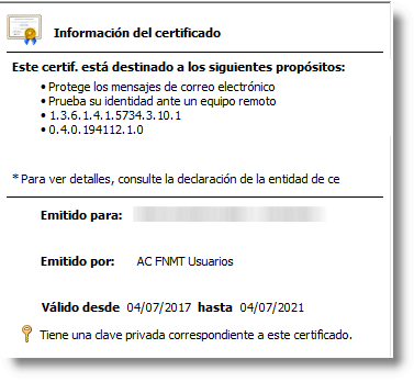 Ficha de un certificado con clave privada