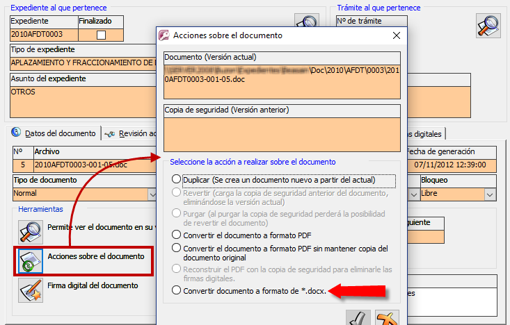 Conversión de documento a docx por parte del usuario