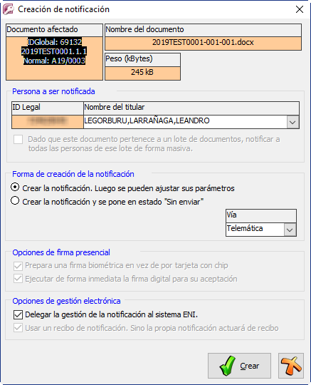 Ventana con las opciones de creación del documento