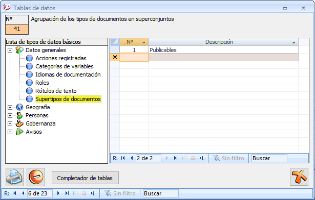 Lista de los supertipos de documentos existentes