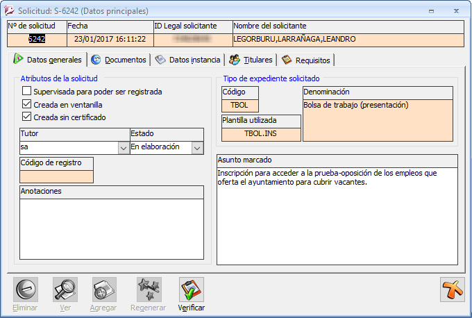 Ficha con los datos parciales de la solicitud presencial registrada