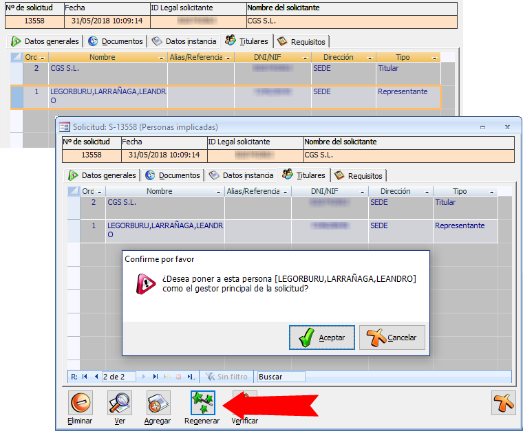 Corrección de persona gestora de la solicitud mediante comando Regenerar