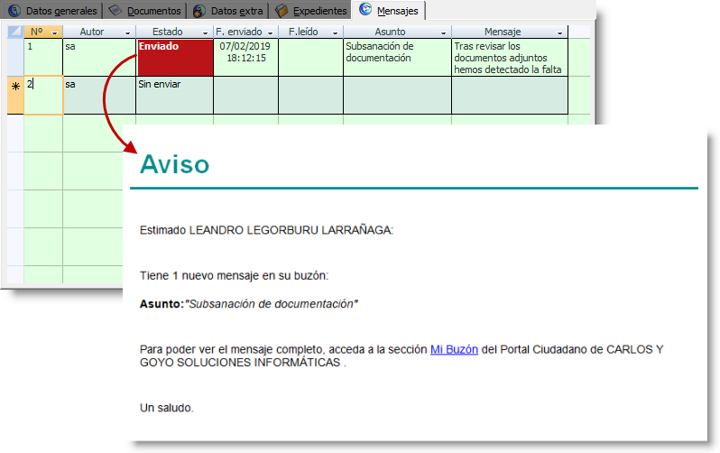 envío de mensaje y correo de aviso enviado al destinatario