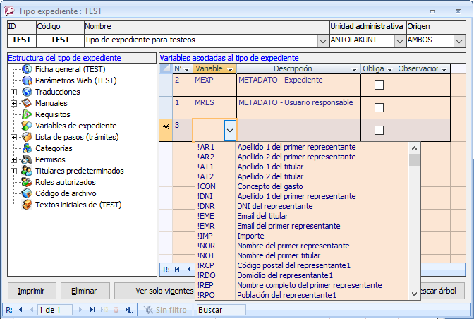 Selección de variables como metadatos del expediente