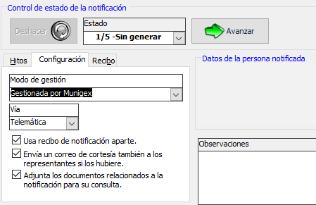 Sección de Configuración de notificación donde se indica el modo y vía de gestión