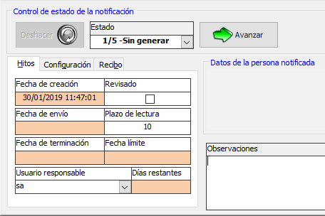 Sección de Hitos de notificación con fechas y estados actualizados