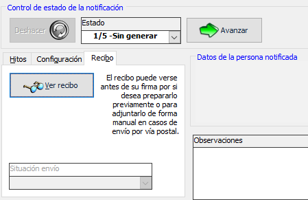 Sección de Recibo de la notificación para la gestión del acuse de recibo