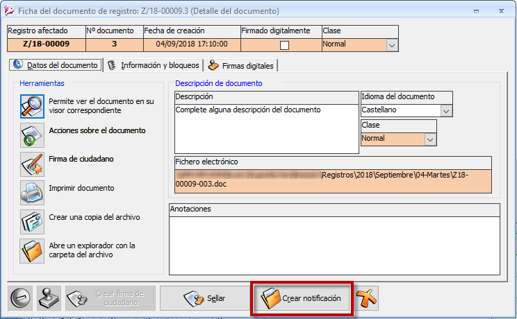 Botón en la ficha del documento de registro de salida para crear la notificación