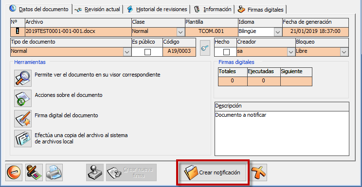 Botón en la ficha del documento de trámite para crear la notificación