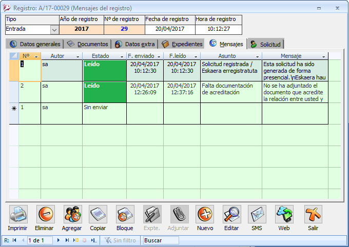 sección de mensajes en la ficha del registro de entrada