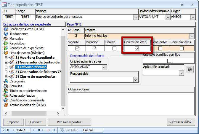 Activar/desactivar ocultación de trámite desde el tipo de expediente